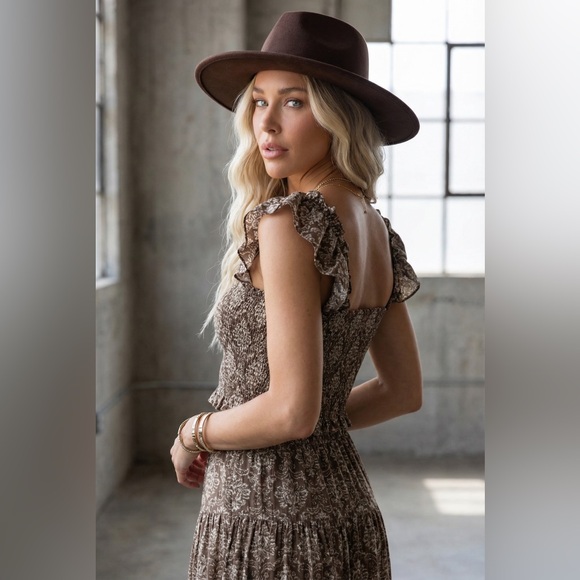 NWT Promesa Boho Floral Print Smocked Ruffle Sleeve Crop Top Cropped Brown - Picture 4 of 6